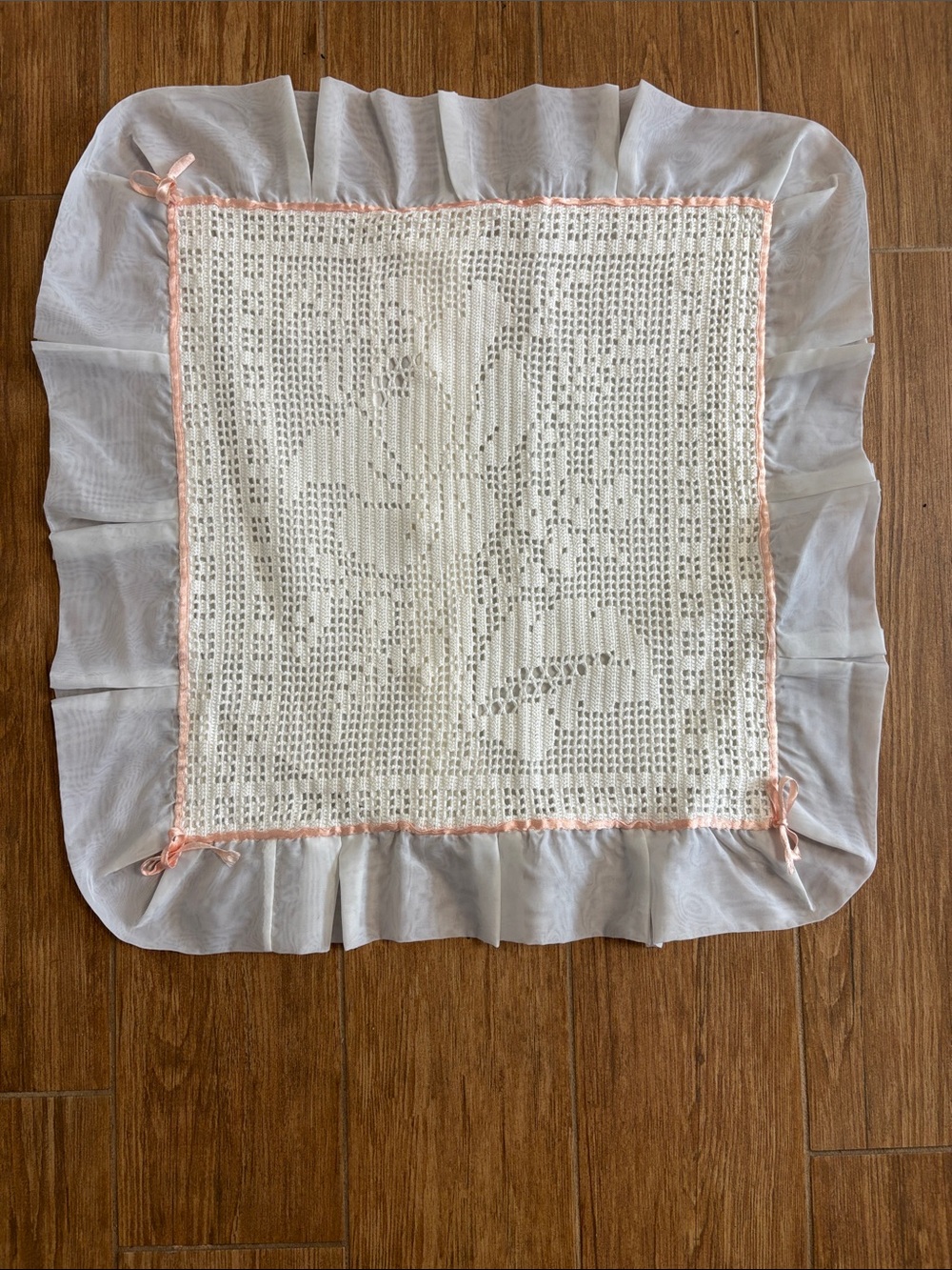 Handmade Crochet pillow case with Ruffled Edge - Cream and Pale Pink